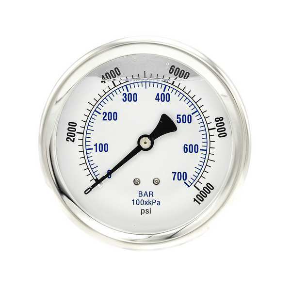 Pressure Gauge, 0 to 10,000 psi, 1/4 in MNPT, Stainless Steel, Silver