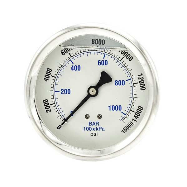 Pressure Gauge, 0 to 15,000 psi, 1/4 in MNPT, Stainless Steel, Silver