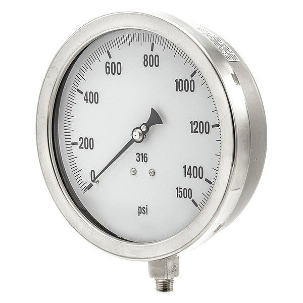 Pressure Gauge, 0 to 1500 psi, 1/4 in MNPT, Stainless Steel, Silver