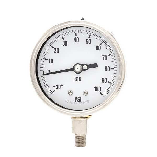 Compound Gauge, -30 to 0 to 100 in Hg/psi, 1/4 in MNPT, Stainless Steel, Silver