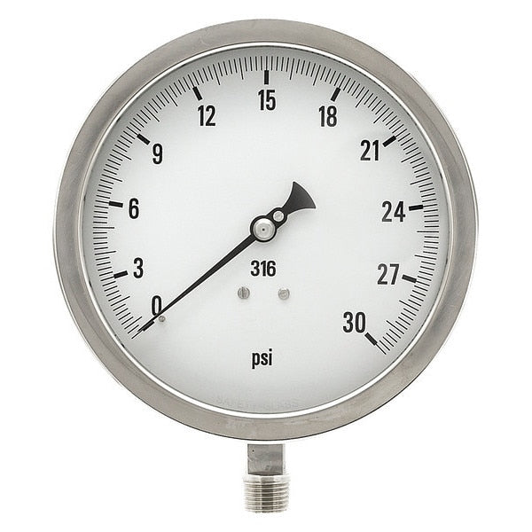 Pressure Gauge, 0 to 30 psi, 1/2 in MNPT, Stainless Steel, Silver