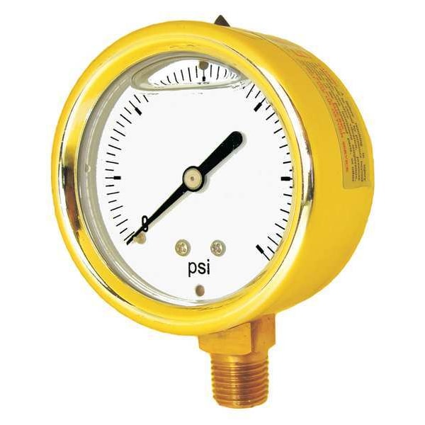 Pressure Gauge, 0 to 15 psi, 1/4 in MNPT, Brass, Gold