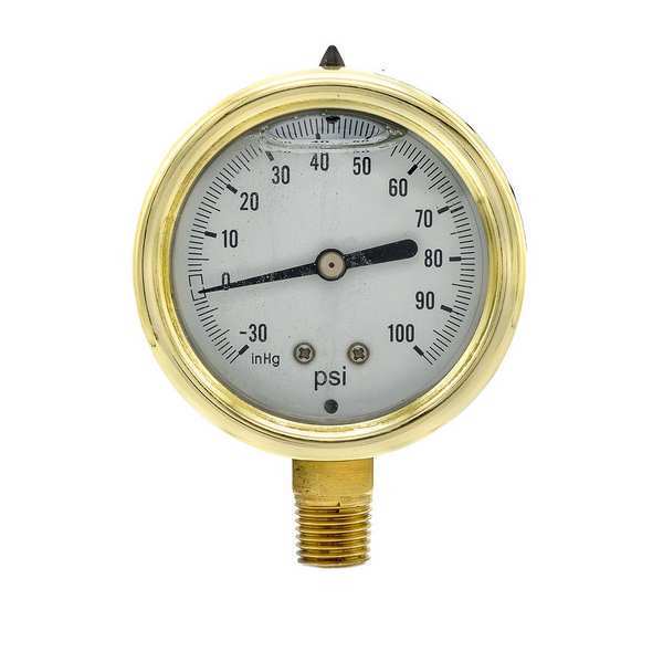 Compound Gauge, -30 to 0 to 100 in Hg/psi, 1/4 in MNPT, Brass, Gold