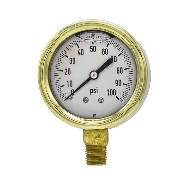 Pressure Gauge, 0 to 100 psi, 1/4 in MNPT, Brass, Gold