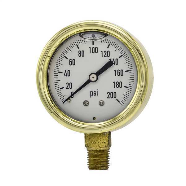 Pressure Gauge, 0 to 200 psi, 1/4 in MNPT, Brass, Gold