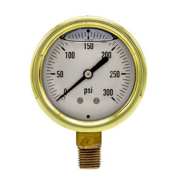 Pressure Gauge, 0 to 300 psi, 1/4 in MNPT, Brass, Gold