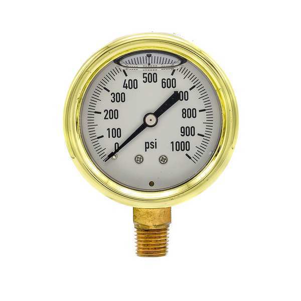 Pressure Gauge, 0 to 1000 psi, 1/4 in MNPT, Brass, Gold
