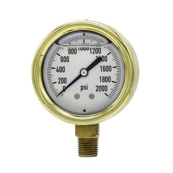 Pressure Gauge, 0 to 2000 psi, 1/4 in MNPT, Brass, Gold