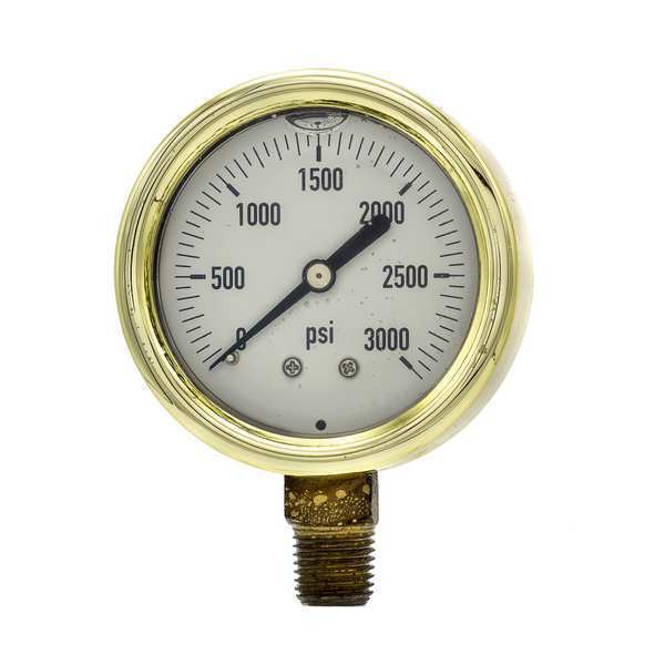 Pressure Gauge, 0 to 3000 psi, 1/4 in MNPT, Brass, Gold