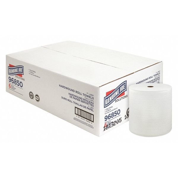 Genuine Joe Hardwound Paper Towels, 1, Continuous Roll, 850 ft, White, 6 PK