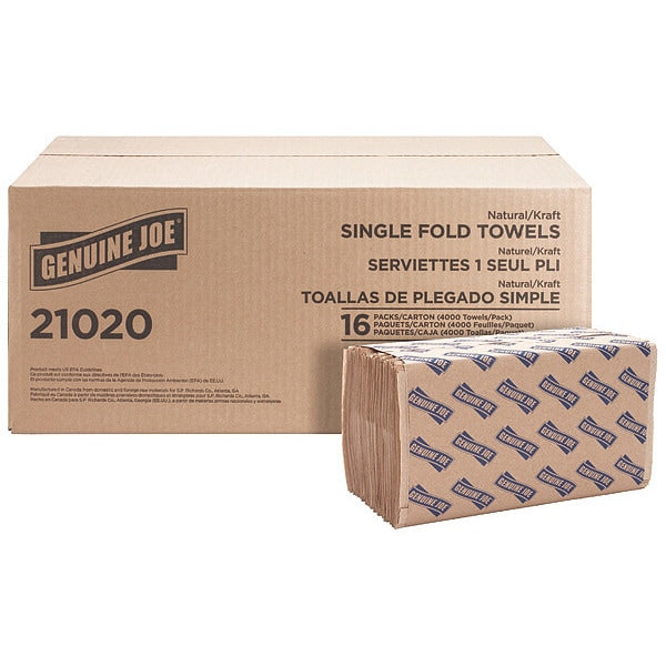 Genuine Joe Single Fold Paper Towels, 1, 250, Natural, 4000 PK
