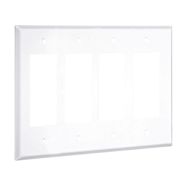 4-Decorator Standard Wall Plates, Number of Gangs: 4 Metal, Smooth Finish, White