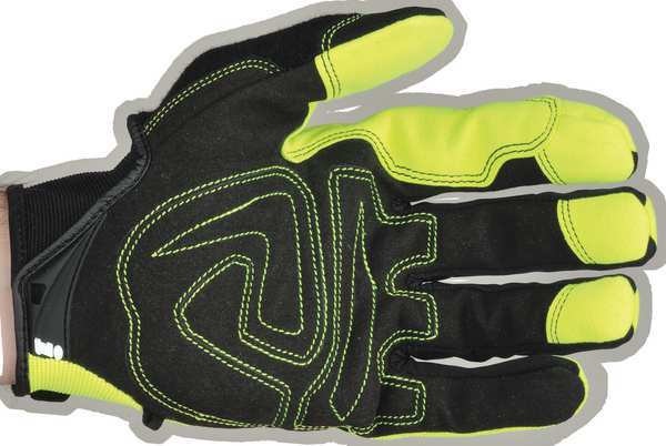 Hi-Vis Mechanics Gloves, 2XL, Green, Padded, Ribbed Nylon/Spandex