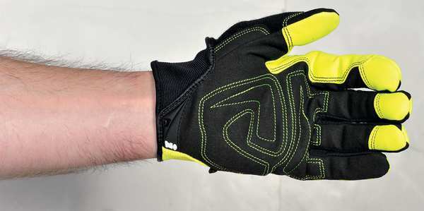 Hi-Vis Mechanics Gloves, 2XL, Green, Padded, Ribbed Nylon/Spandex