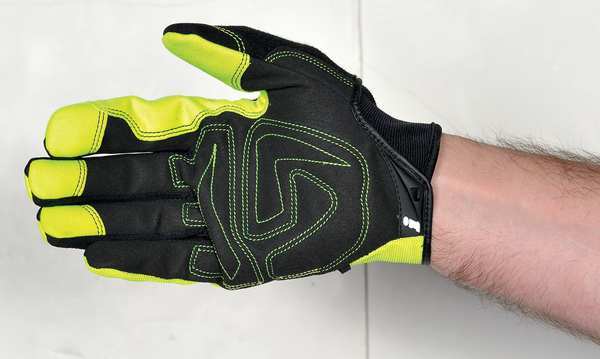 Hi-Vis Mechanics Gloves, XL, Green, Padded, Ribbed Nylon/Spandex