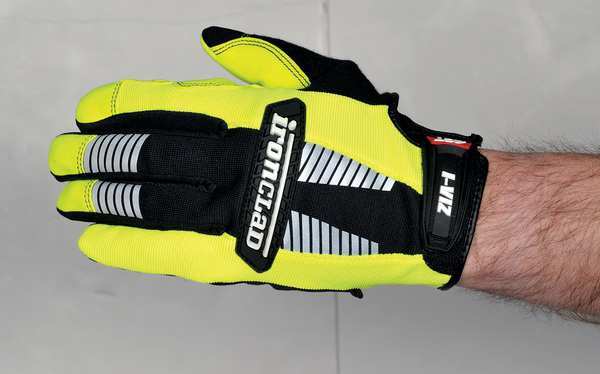 Hi-Vis Mechanics Gloves, 2XL, Green, Padded, Ribbed Nylon/Spandex