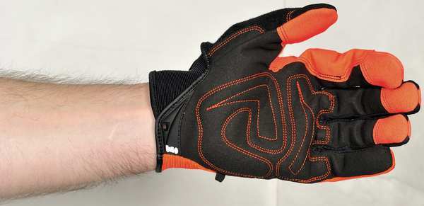 Hi-Vis Mechanics Gloves, M, Orange, Padded, Ribbed Nylon/Spandex