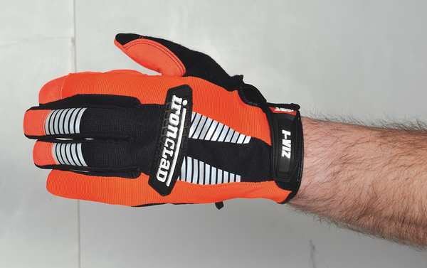 Hi-Vis Mechanics Gloves, L, Orange, Padded, Ribbed Nylon/Spandex