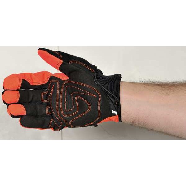Hi-Vis Mechanics Gloves, 2XL, Orange, Padded, Ribbed Nylon/Spandex