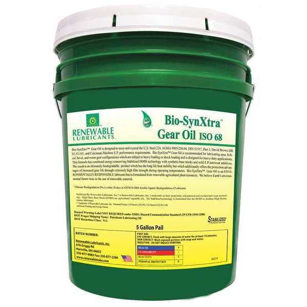 5 gal Bio-SynXtra Gear Oil Pail 68 ISO Viscosity, 80W85 SAE, Yellow