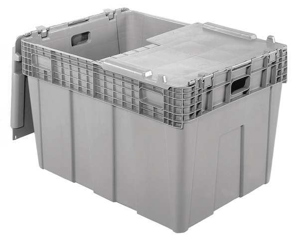 Gray Attached Lid Container, Plastic, Metal Hinge