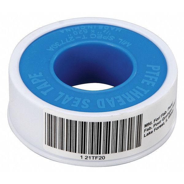 PTFE Thread Sealant Tape, Low Density, 1/2 in W x 43 ft L, White,