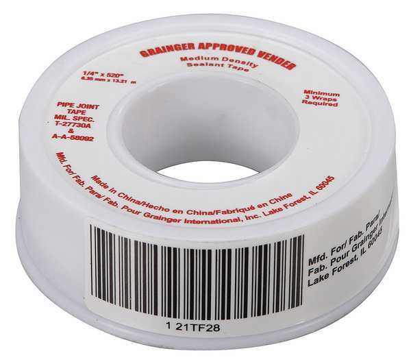 Thread Sealant Tape, 1/4 in W x 43 ft L, 4 mil Thick, White, 1 Pk
