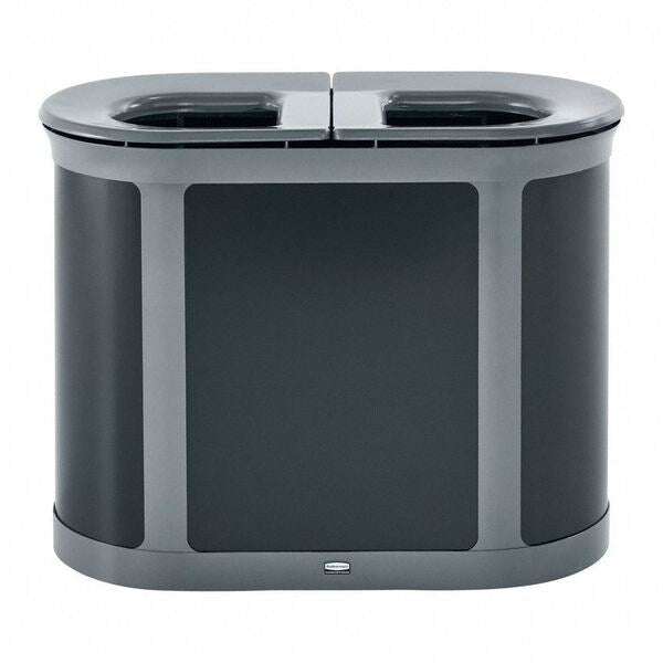 46 gal Oval Recycling Bin, Flat with Top Opening, Gray, 2 Openings