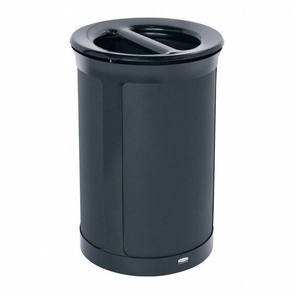 23 gal Round Recycling Bin, Flat with Top Opening, Black, 2 Openings