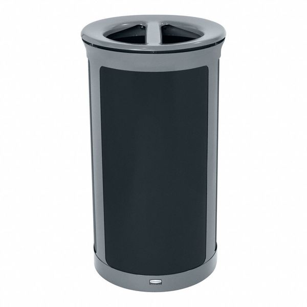 33 gal Round Recycling Bin, Flat with Top Opening, Gray, 2 Openings