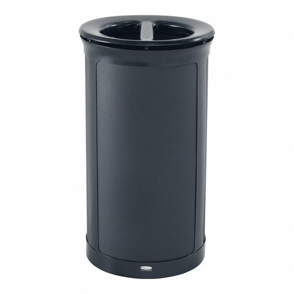 33 gal Round Recycling Bin, Flat with Top Opening, Black, 2 Openings