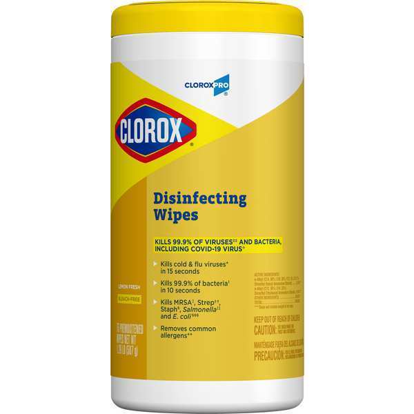 Disinfecting Wipes, White, Canister, Disinfecting/Sanitizing, 75 Wipes, 8 in x 7 in, Lemon