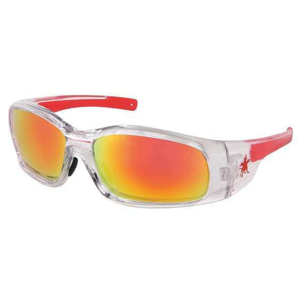 Safety Glasses, Wraparound Red/Fire Mirror Polycarbonate Lens, Scratch-Resistant