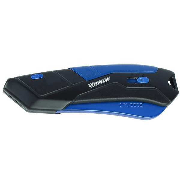 Safety Knife, Self-Retracting, Multipurpose, Straight Steel Blade, Plastic Handle, Blue/Black