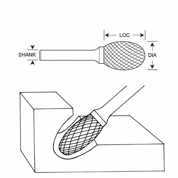 Carbide Bur, Oval, 3/16 In, 3/16 Shank