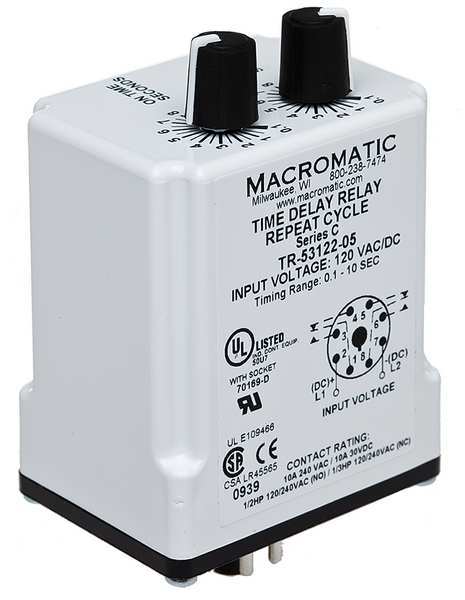 Time Delay Relay, 120VAC/DC, 10A, DPDT