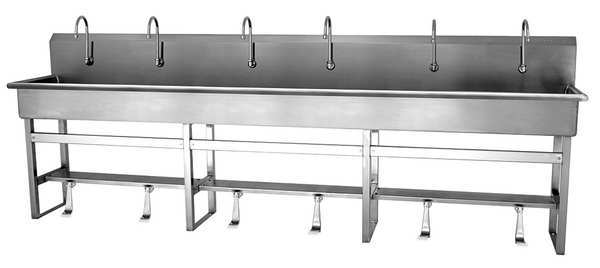 Floor Mount, 6 Hole, Single Foot Pedal, Stainless, Wash Station