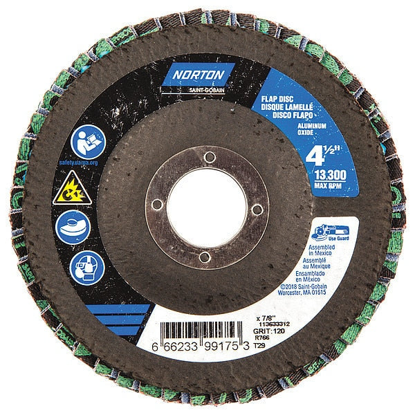 Flap Disc, 4 1/2 In x 120 Grit, 7/8