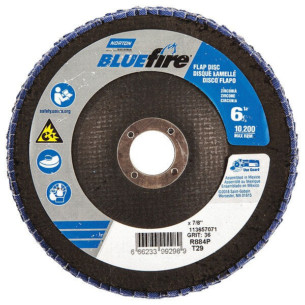 Flap Disc, 6 In x 36 Grit, 7/8