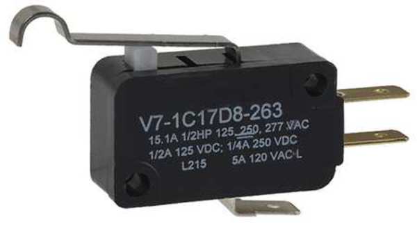 Miniature Snap Action Switch, Lever, Simulated Roller Actuator, SPDT, 15A @ 240V AC Contact Rating