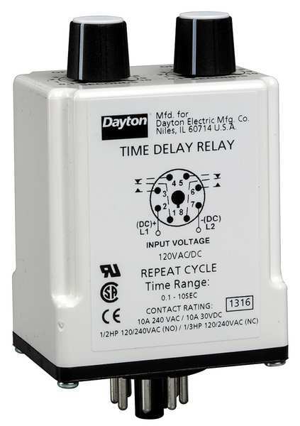 Time Delay Rlay, 24VAC/DC, 10A, DPDT, 9 sec.