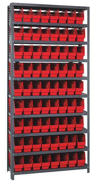 Steel Bin Shelving, 36 in W x 75 in H x 12 in D, 10 Shelves, Red