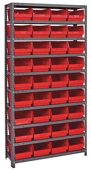 Steel Bin Shelving, 36 in W x 75 in H x 12 in D, 10 Shelves, Red
