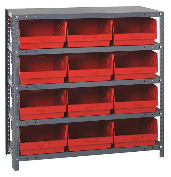 Steel Bin Shelving, 36 in W x 39 in H x 12 in D, 5 Shelves, Red