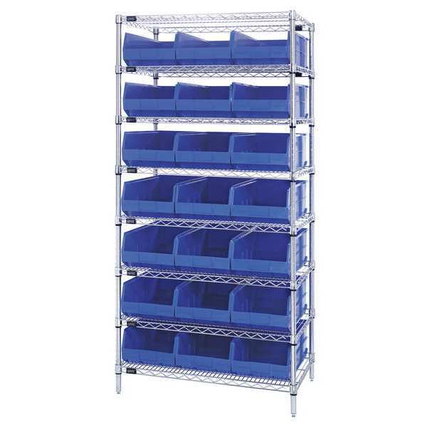 Steel, Polypropylene Bin Shelving, 36 in W x 75 in H x 12 in D, 8 Shelves, Blue