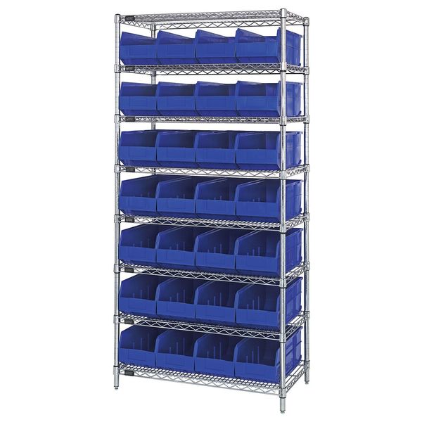 Steel, Polypropylene Bin Shelving, 36 in W x 74 in H x 14 in D, 8 Shelves, Blue