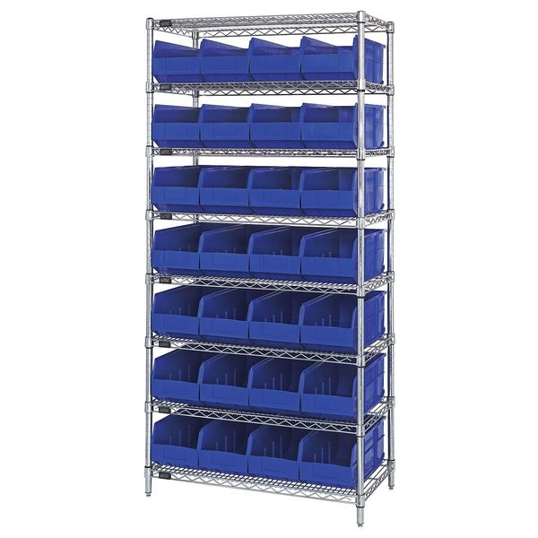 Steel, Polypropylene Bin Shelving, 36 in W x 74 in H x 21 in D, 8 Shelves, Blue