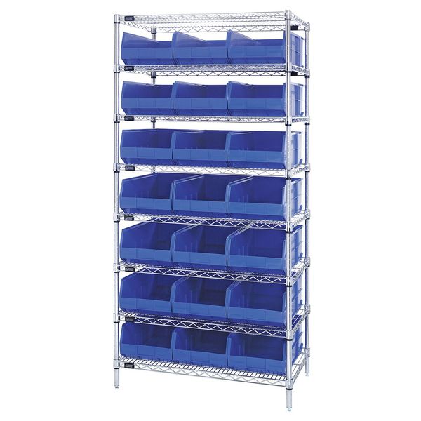 Steel, Polypropylene Bin Shelving, 36 in W x 74 in H x 21 in D, 8 Shelves, Blue