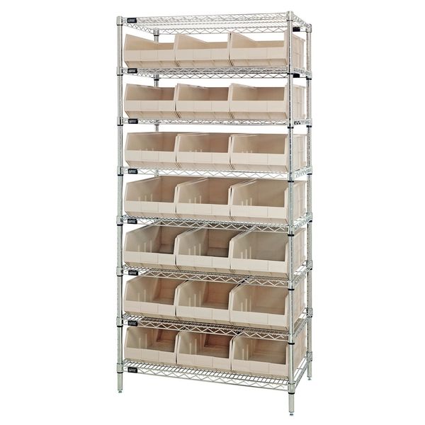 Steel, Polypropylene Bin Shelving, 36 in W x 74 in H x 21 in D, 8 Shelves, Ivory
