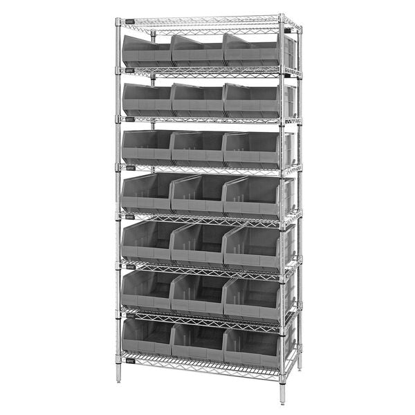 Steel, Polypropylene Bin Shelving, 36 in W x 75 in H x 12 in D, 8 Shelves, Gray